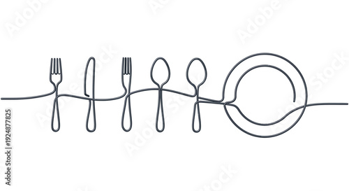Minimalist Wire Art: Fork, Knife, Spoon, and Plate - Continuous Line Drawing