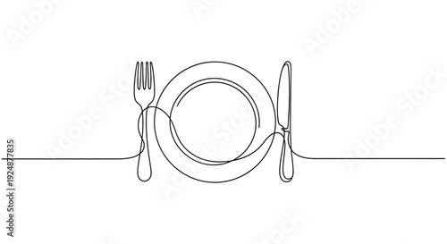 Minimalist Single Line Drawing of a Plate with Fork and Knife, Table Setting