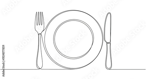 Minimalist single line drawing of a plate, fork and knife, ready for a meal.