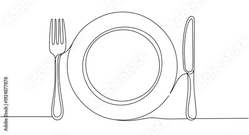 Minimalist single line drawing of a plate, fork and knife, ready for a meal