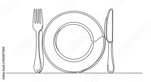 Minimalist single line drawing of a plate, fork and knife, representing dining and food.