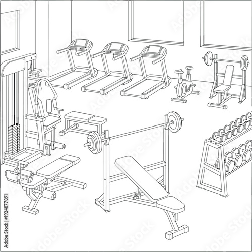 Modern gym interior line art vector, fitness center equipment outline with treadmills and weight benches, minimalist workout room illustration