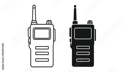 Two handheld radios with antennas and screens in black and white line art