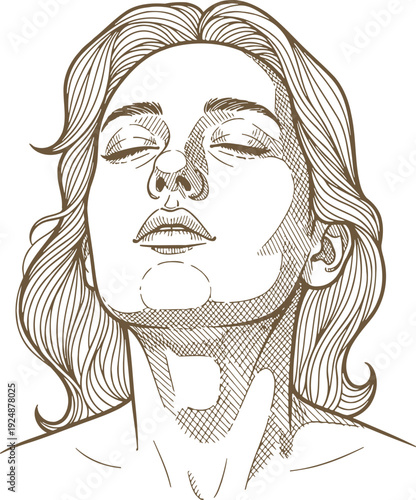 Hand drawn sketch of a beautiful woman looking up with closed eyes line art vector illustration