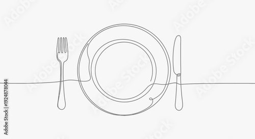 Minimalist single line drawing of a plate, fork, and knife, representing dining and food.