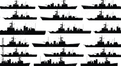 Multiple silhouettes of modern warships and naval vessels on a white background battleship navy