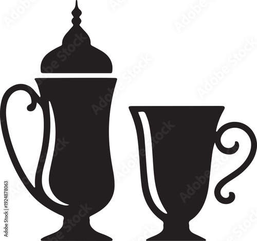 Tall glass with handle next to short mug with handle silhouette vector