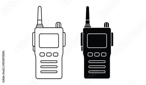 Two handheld radios in black and white on a for communication and walkie talkie purposes