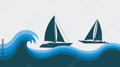 Two sailboats navigate through calm ocean waves under a serene sky