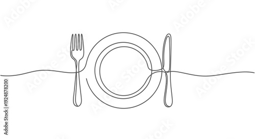 Minimalist continuous line drawing of a plate, fork, and knife set for a meal.