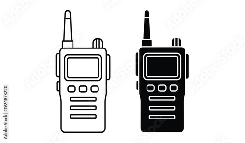 Two handheld radios with antennas and screens in black and white line art style