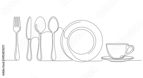 Minimalist Line Art: Cutlery, Plate, and Cup - Simple Dining Set