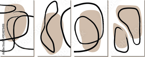 Abstract line art set of four panels with neutral organic shapes on a clean white background