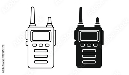 Two handheld radios with antennas and screens in black and white line art