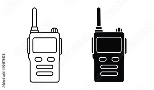 Two walkie talkies in black and white line art style for communication or technology concepts