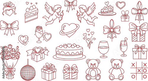 Hand drawn romantic icons and doodles set for valentines day celebration and wedding