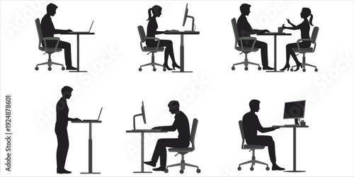 Silhouettes of people working at desks with computers in an office setting vector illustration