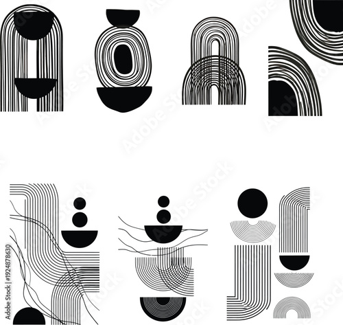 Collection of abstract black and white geometric shapes and patterns for modern wall art decor