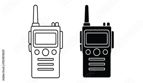 Two black and white walkie talkies with antennas