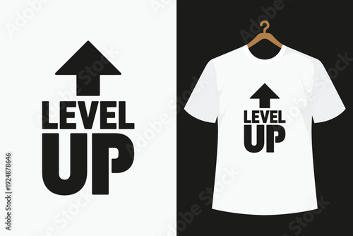 White T- Shirt with Black Level Up Arrow on Black Background t-shirt