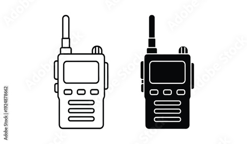 Two black and white walkie talkie devices with antennas