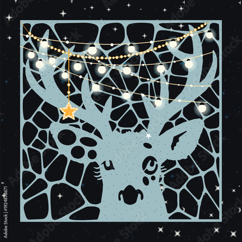 Deer hole for mary christmas. Background or letterhead for congratulation or calendar.
Christmas deer with shining garland and star
