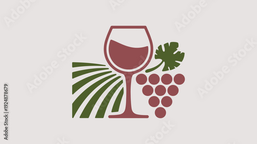 A wine glass with grapes and leaves on a beige background