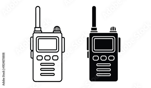 Two black and white walkie talkies with antennas and buttons