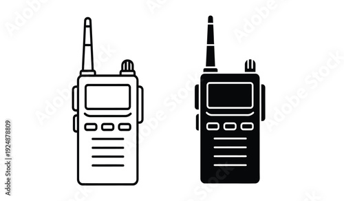 Two black and white walkie talkie radios with antennas and buttons on a pure