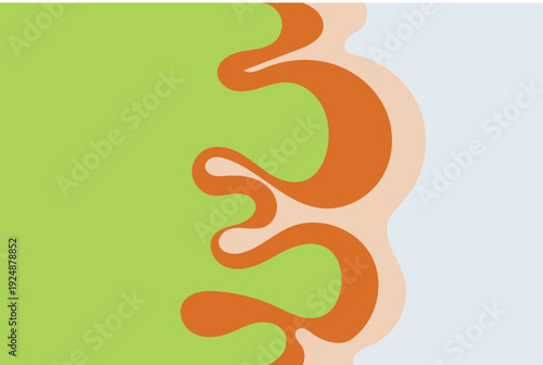 Abstract graphic representation of a fluid boundary with organic wavy lines, depicting a transition between green, orange, and light blue areas