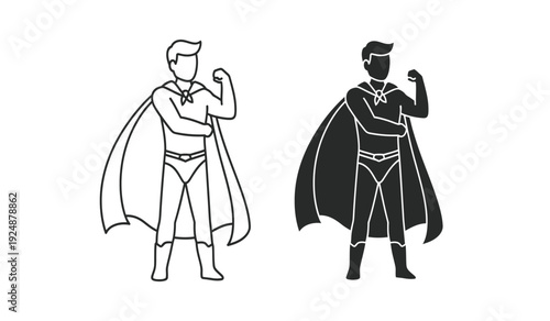 Two superhero silhouettes in black and white line art