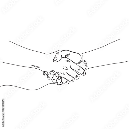 Minimalist single line drawing of two hands shaking, symbolizing agreement, partnership, and success