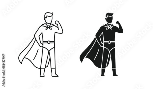 Two superheroes in black and white line art standing strong and confident with capes flowing
