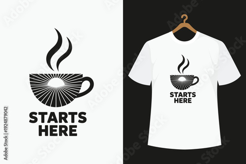White t-shirt with black coffee cup and starts here text on black background