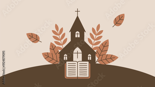 A serene illustration of a church with an open book and autumn leaves