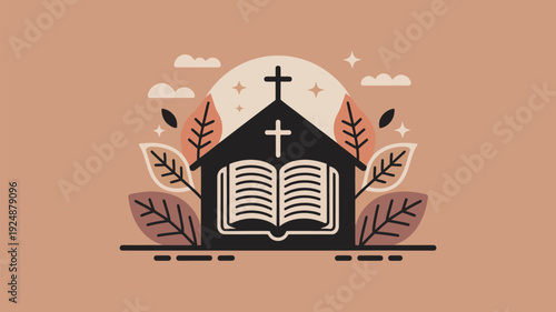 A serene illustration of a church with an open bible surrounded by nature and a peaceful atmosphere