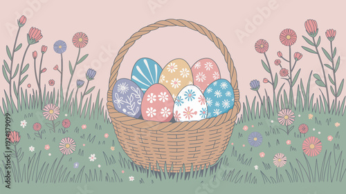 A colorful Easter basket filled with decorated eggs sits in a field of flowers on a sunny day