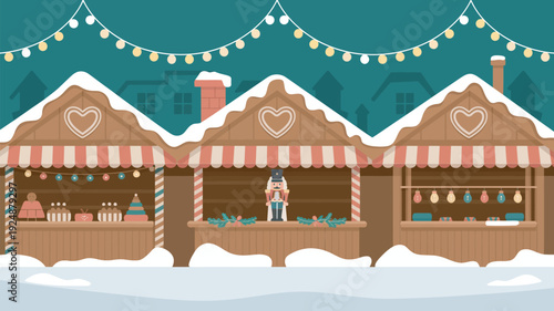 A festive holiday market scene with wooden stalls and a nutcracker in a snowy winter wonderland setting