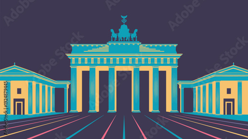 A vibrant illustration of the Brandenburg Gate in Berlin at night with colorful lines
