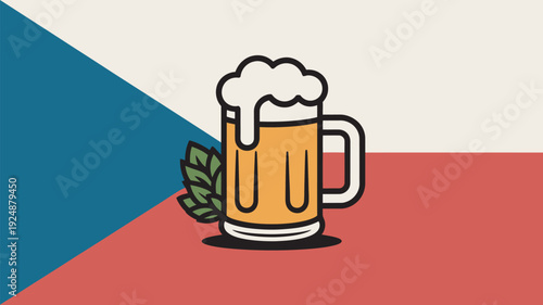 A cartoon illustration of a beer mug on the Czech Republic flag background