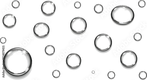 Transparent water drops on grid background realistic set of soap bubbles or glass beads for design layout illustration
