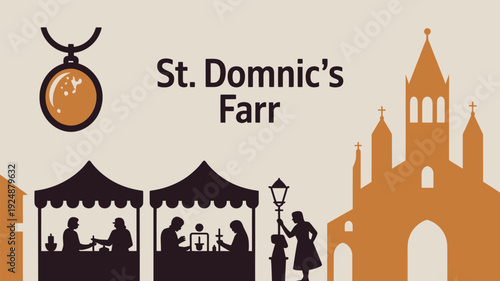 A vibrant illustration of a festive market scene with a church and stalls