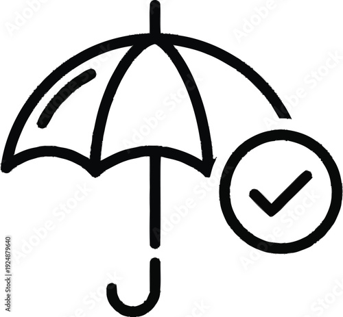 Black outline umbrella with a checkmark in a circle, representing protection, security, and approval icon