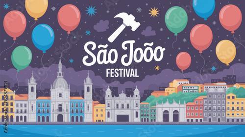 A vibrant cityscape at night with colorful balloons and a festival logo in the sky