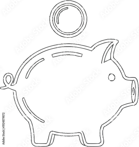 Simple line art drawing of a piggy bank with a coin above it, symbolizing savings and financial growth concept