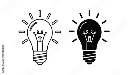Black and white light bulb icons with rays on pure for business or creative concepts