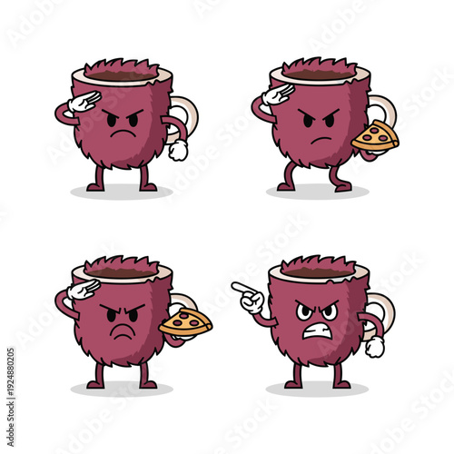 Angry coffee cup cartoon character with different emotions and actions