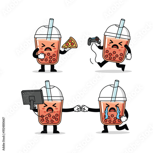 Unhappy bubble tea cartoon characters experiencing frustration and sadness