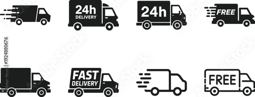 Fast Delivery Truck Icon Set with Free Shipping, Express Service and 24 Hour Dispatch Symbols, Courier Van Collection for Logistics, Transport and Online Shopping Concept