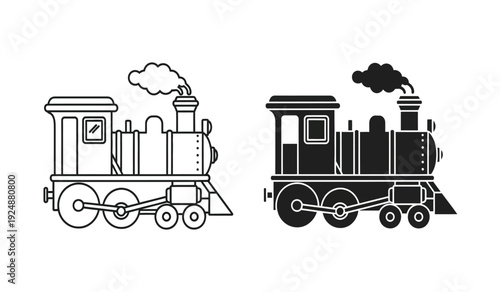 Black and white illustration of two vintage steam locomotives side by side with smoke coming out of the chimneys
